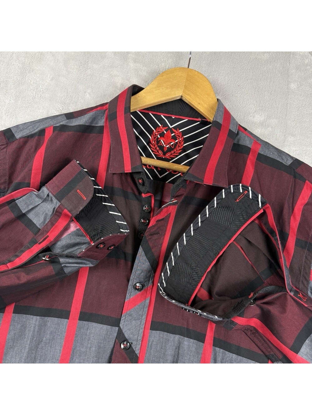 Au Noir Red Plaid Performance Dress Shirt Men Size 6 Contrast Trim Luxury Modern